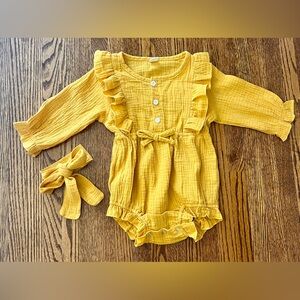 Baby girl Mustard yellow / gold romper with headband size 12-18 months